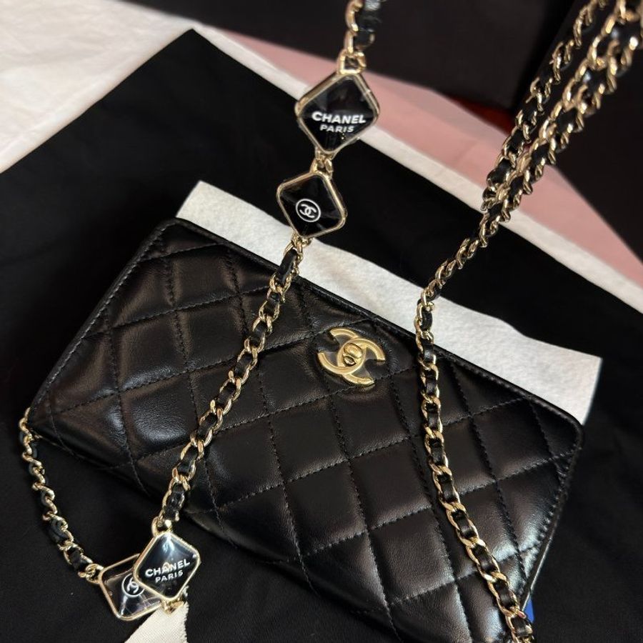 近新品 香奈兒/Chanel WOC黑金油蠟皮鏈條肩背斜背包-7