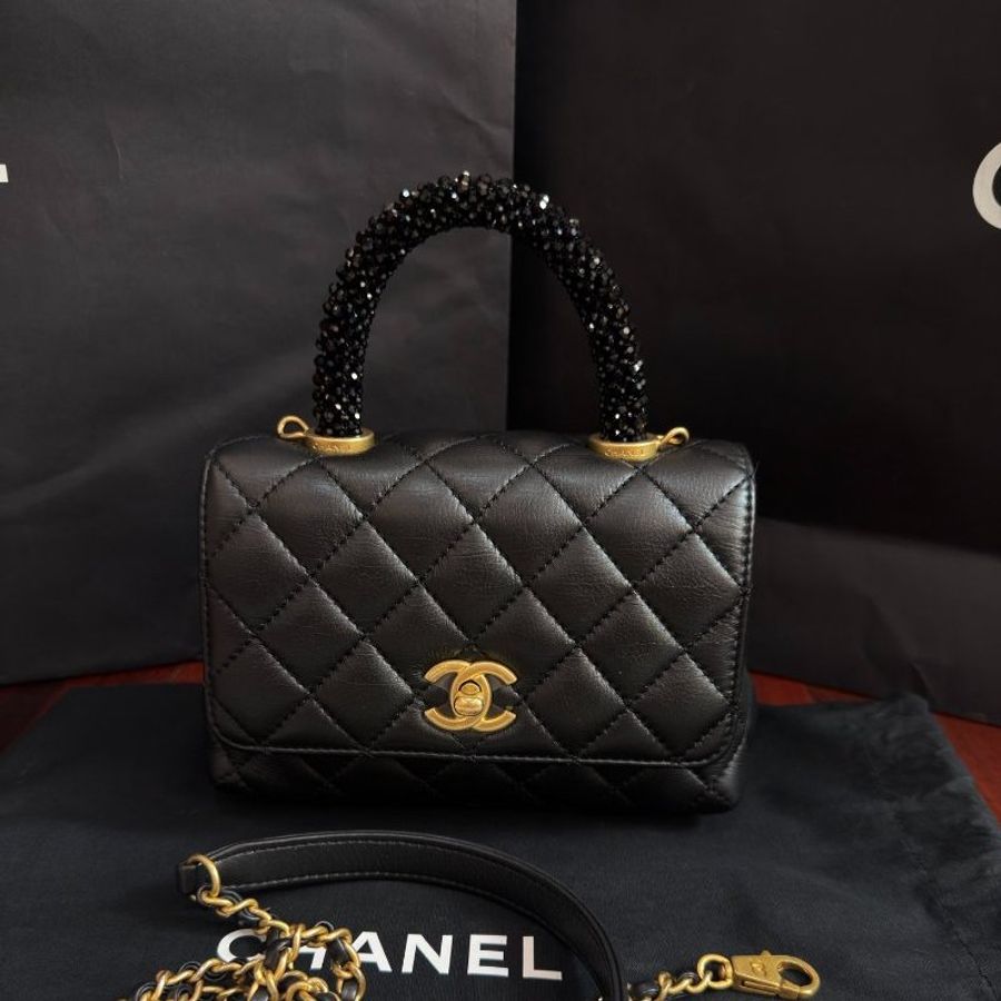 近新品 香奈兒/Chanel Coco Handle 迷你黑色水鑽牛皮 手提斜背包 芯片款-0