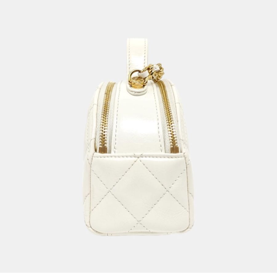 CHANEL 白色牛皮菱格紋絎縫單肩包手提包 金色五金-2