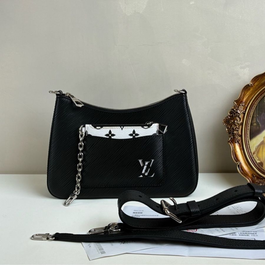 LV/路易威登  Marelle 芯片款 黑色水波紋腋下斜挎包 兩條肩帶-0