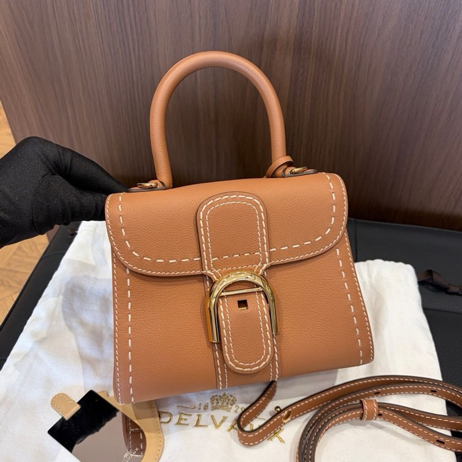 Delvaux德爾沃 金棕色mini brillant金扣外縫線手提包斜挎包 底長20cm-0