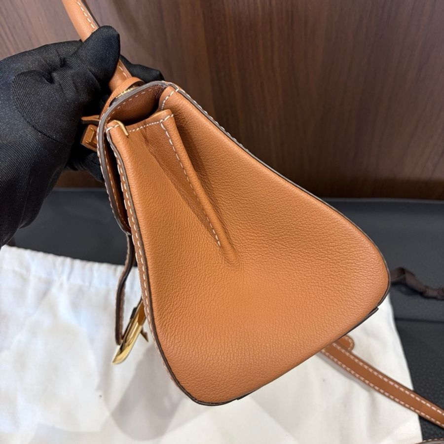 Delvaux德爾沃 金棕色mini brillant金扣外縫線手提包斜挎包 底長20cm-2
