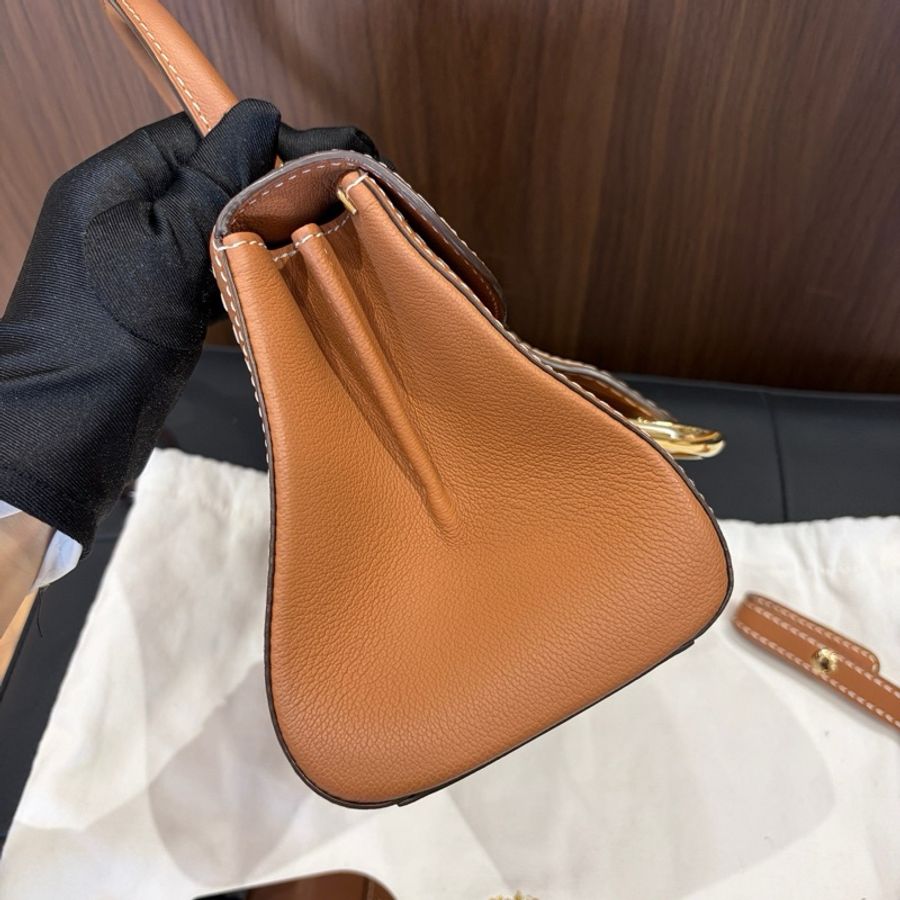 Delvaux德爾沃 金棕色mini brillant金扣外縫線手提包斜挎包 底長20cm-3