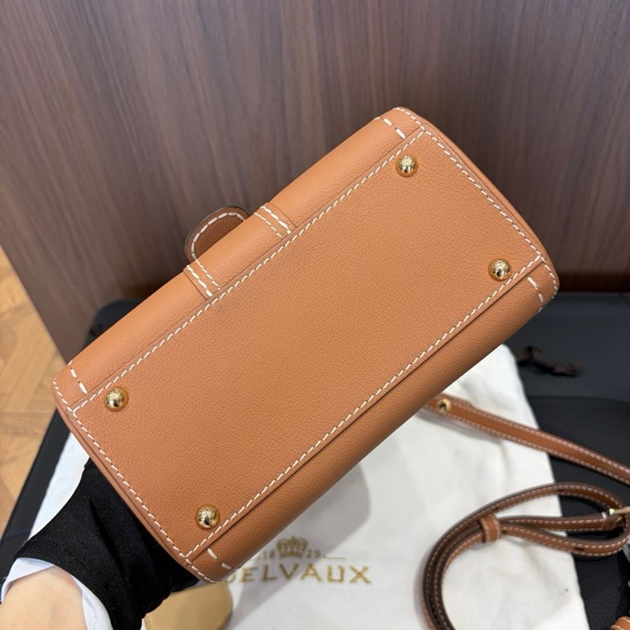 Delvaux德爾沃 金棕色mini brillant金扣外縫線手提包斜挎包 底長20cm-4
