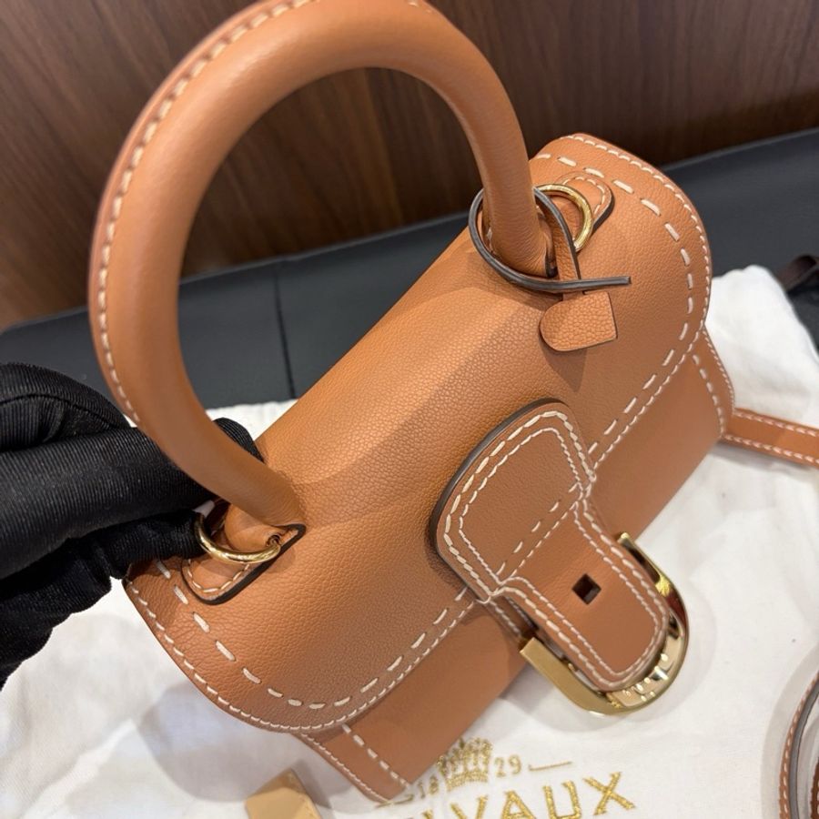Delvaux德爾沃 金棕色mini brillant金扣外縫線手提包斜挎包 底長20cm-5