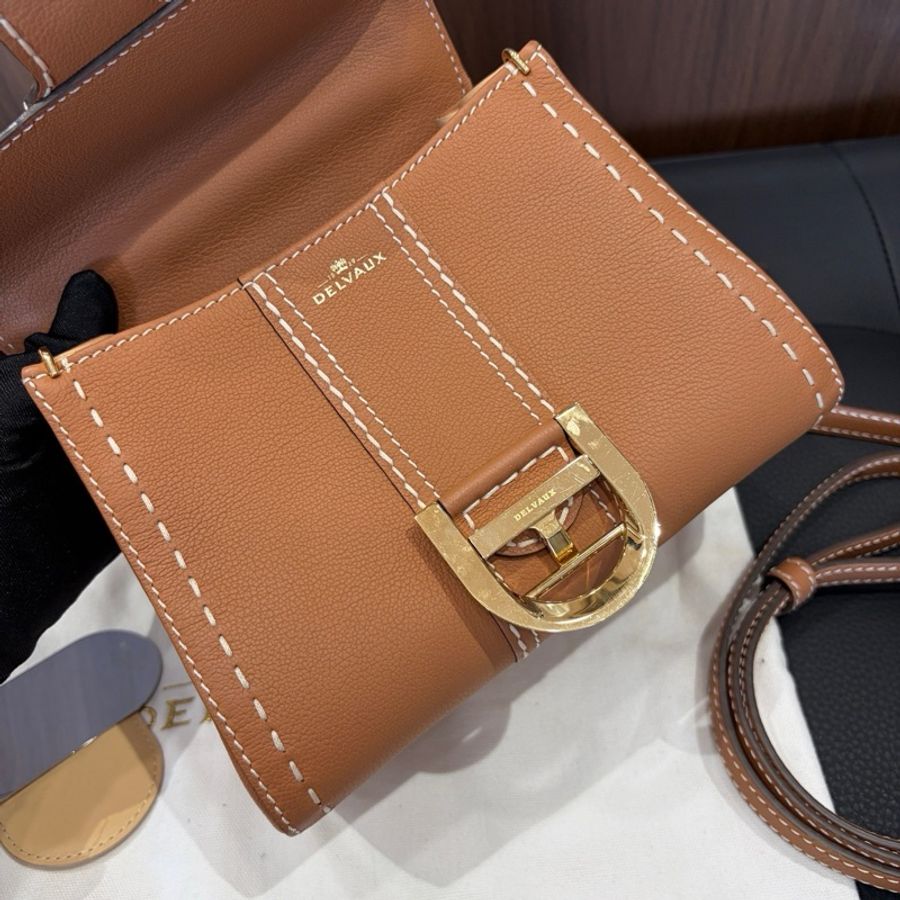 Delvaux德爾沃 金棕色mini brillant金扣外縫線手提包斜挎包 底長20cm-7