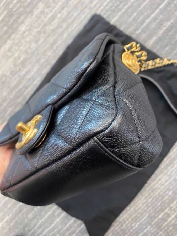 Chanel 黑金荔枝皮金幣方胖子芯片款-7