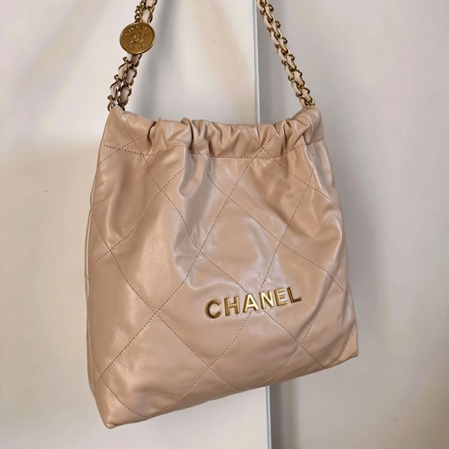 CHANEL香奈兒22bag奶茶金釦小號芯片款99新🈶購證-24