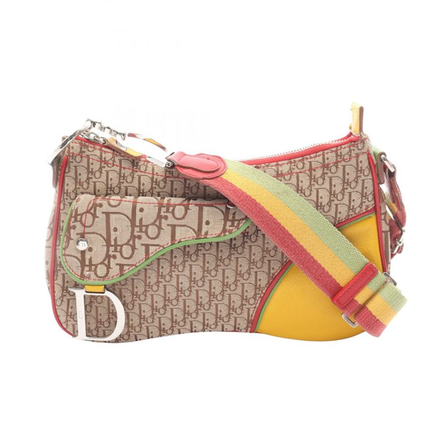 Dior Rasta Trotter 馬鞍口袋肩包，帆布皮革，米色，二手，女士-0