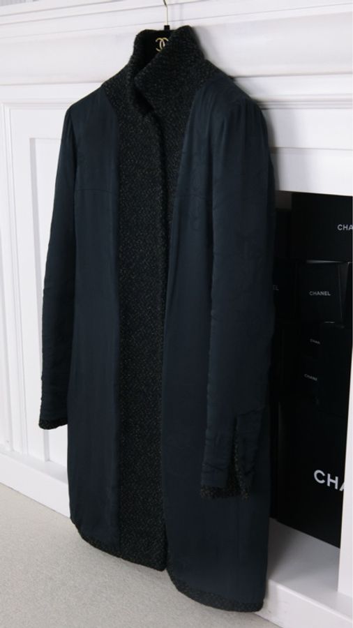 Chanel 18年森林系列秀款黑绿色粗花呢四口袋立领长款上衣外套-3
