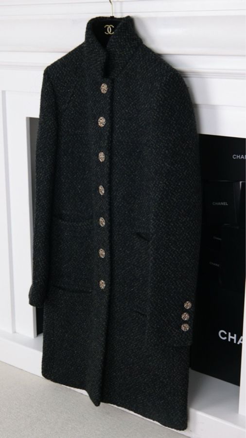 Chanel 18年森林系列秀款黑绿色粗花呢四口袋立领长款上衣外套-5