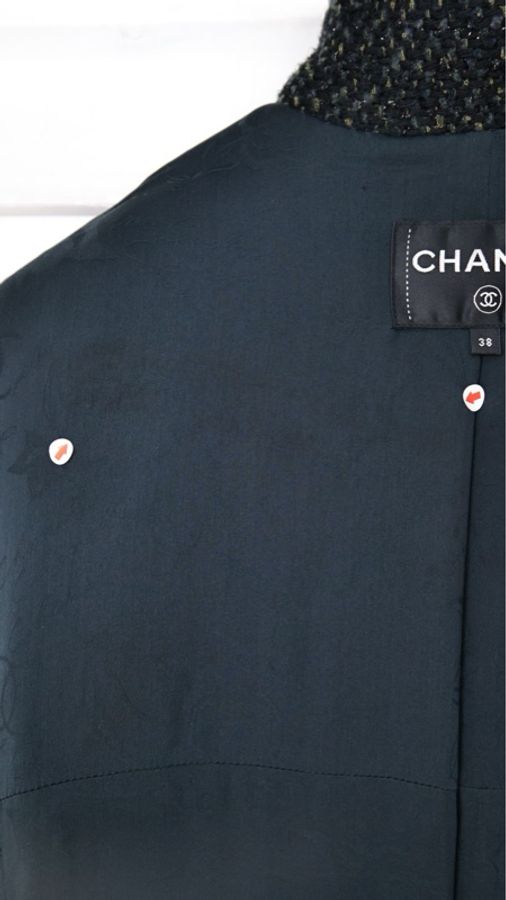 Chanel 18年森林系列秀款黑绿色粗花呢四口袋立领长款上衣外套-40
