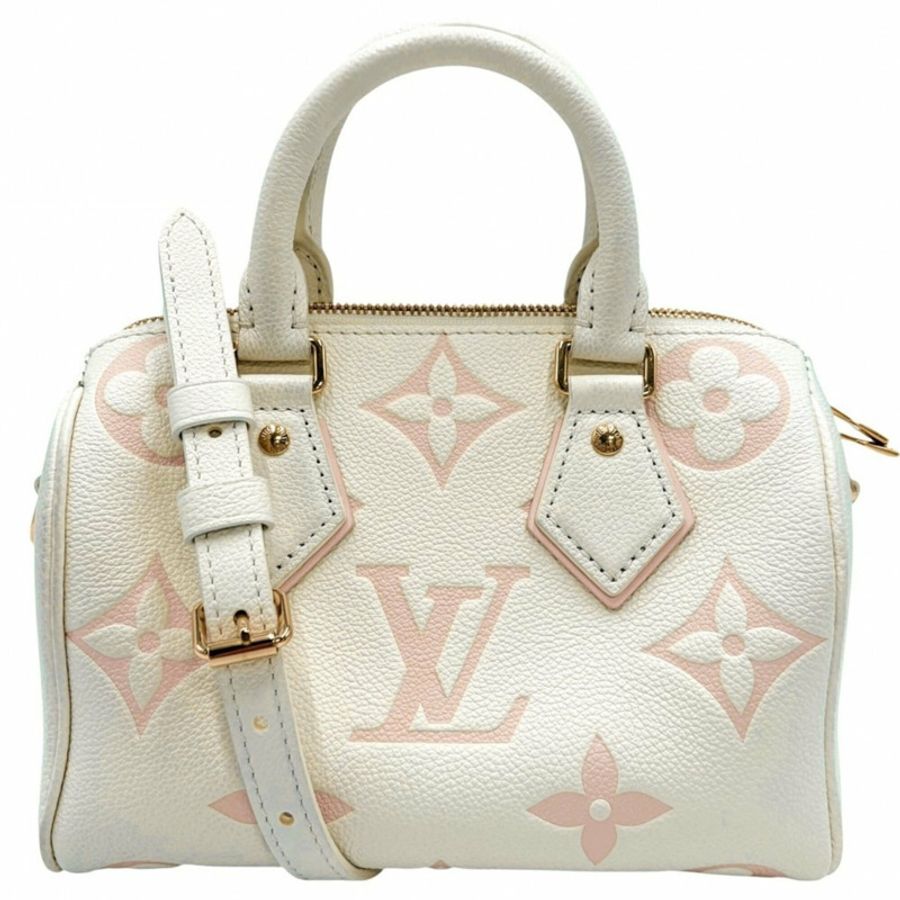 路易威登女士單肩斜背包，雙色Monogram Empreinte Speedy Bandoulière 20迷你手提包，LOUIS VUITTON M46875，奶油粉色配金色五金-0