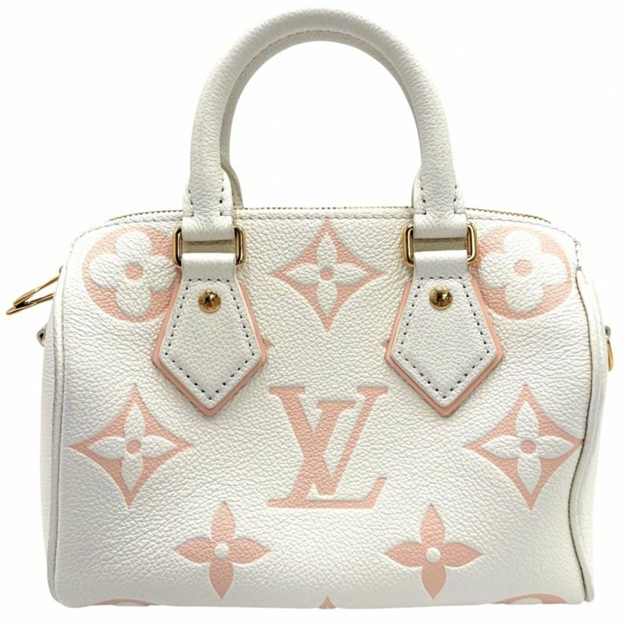 路易威登女士單肩斜背包，雙色Monogram Empreinte Speedy Bandoulière 20迷你手提包，LOUIS VUITTON M46875，奶油粉色配金色五金-1
