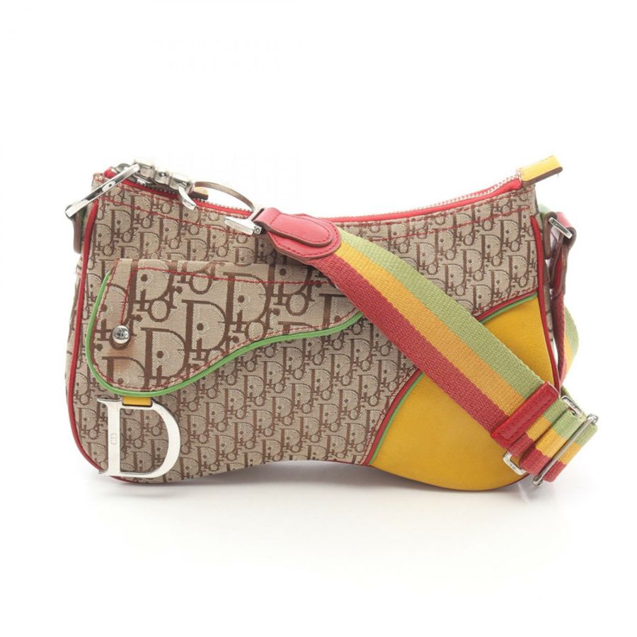 Dior Rasta Trotter 馬鞍口袋肩包，帆布皮革，米色，二手，女士-0
