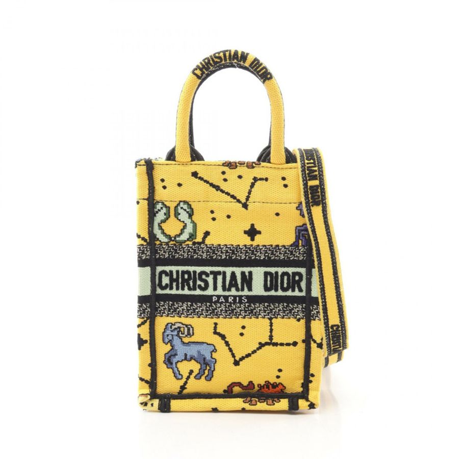 Dior BOOK TOTE 豎款迷你手機單肩手提包 帆布 黃色 二手 女士-0