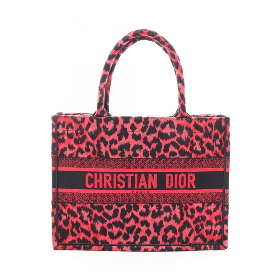 Dior BOOK TOTE 中型豹紋帆布手提包 紅色 黑色 二手 女士 Logo-0