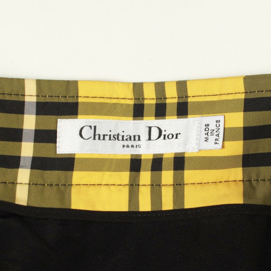 Dior 格紋百褶裙，聚酯纖維材質，黃黑配色，二手女款，尺寸 36-2