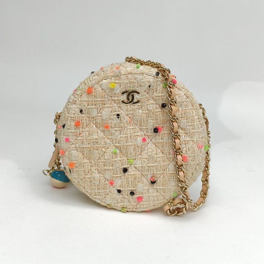 CHANEL 圓餅包經典Mini裸色粗花呢金扣彩色糖豆肩背包-0