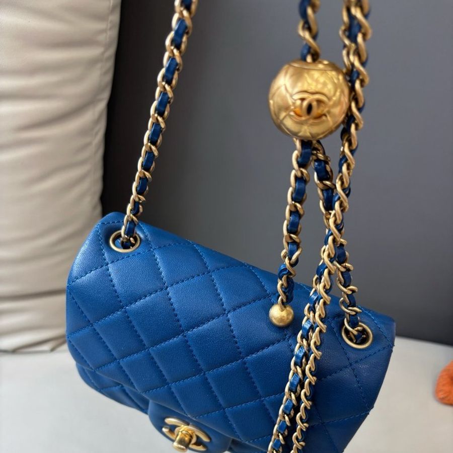 香奈兒/Chanel CF藍色金球方胖子鏈條包-9