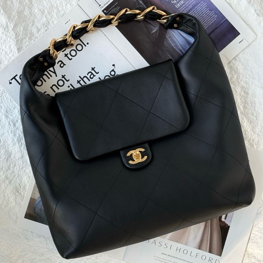 Chanel 25K黑金hobo嬉皮包大號 單肩包腋下包手提包 芯片款 底長35cm-0