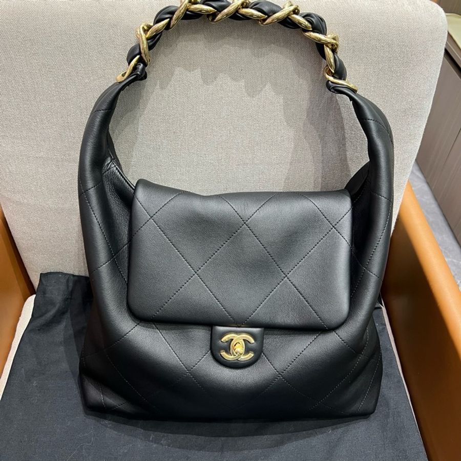 Chanel 25K黑金hobo嬉皮包大號 單肩包腋下包手提包 芯片款 底長35cm-1