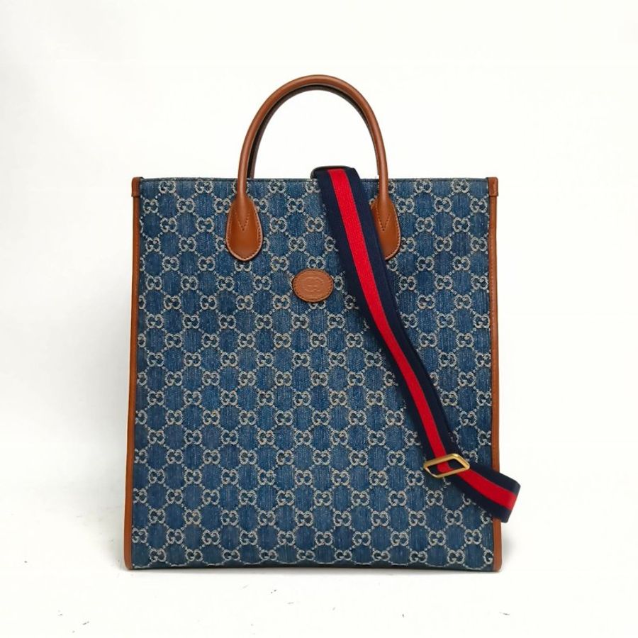 GUCCI 藍色帆布金扣琴譜tote肩背包-0