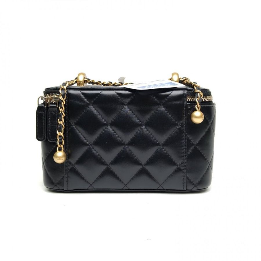 CHANEL 化妝包長盒子雙金珠皮穿鏈黑色牛皮金扣肩背包-2