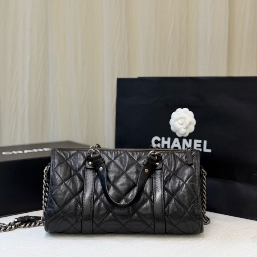 香奈兒Chanel黑銀 波士頓機車包 手提包斜挎包-2