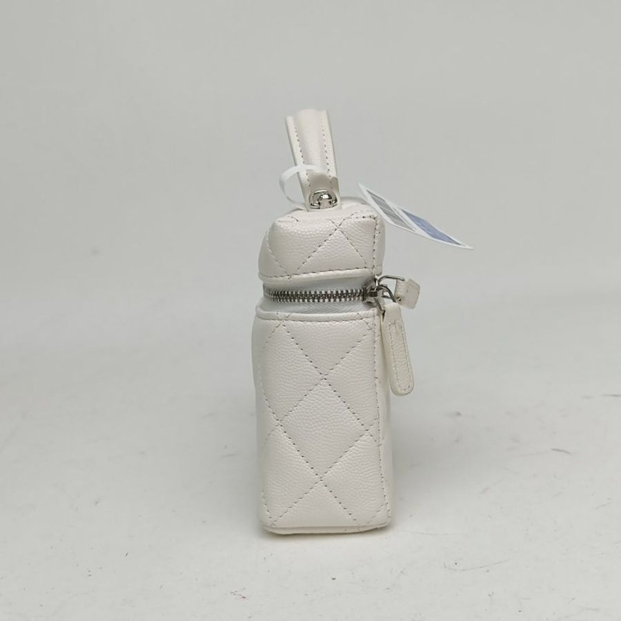 CHANEL 白色荔枝牛皮銀扣25B星星雙C飯盒包雕花肩背包-1