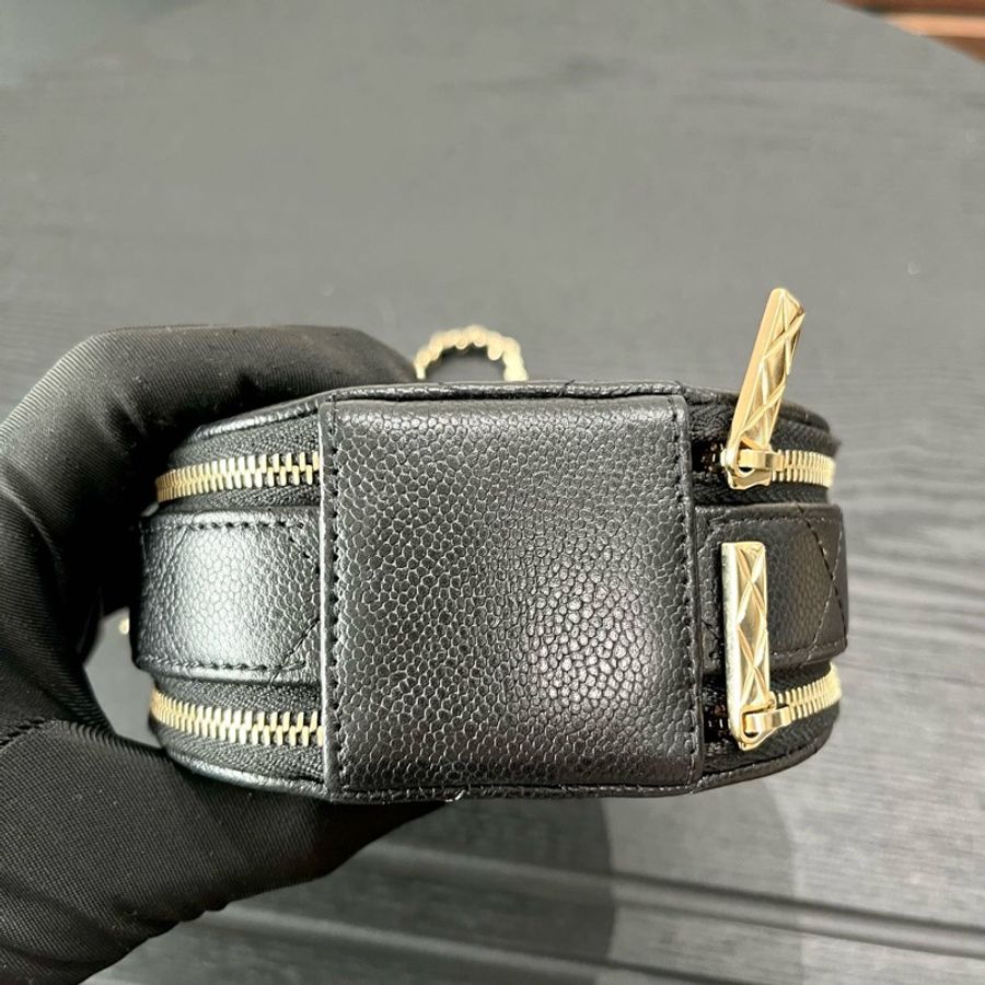 Chanel香奈兒 黑金荔枝紋牛皮手柄圓餅包鏈條包手提包斜挎包-3