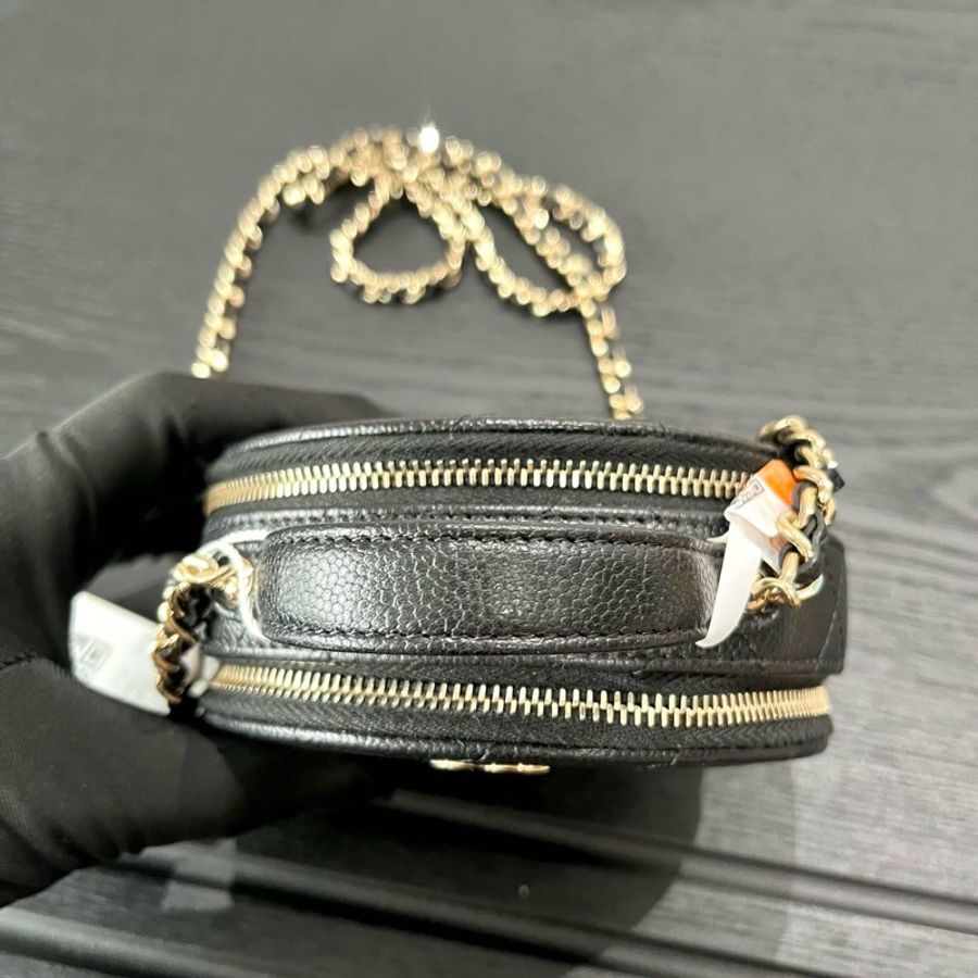 Chanel香奈兒 黑金荔枝紋牛皮手柄圓餅包鏈條包手提包斜挎包-5