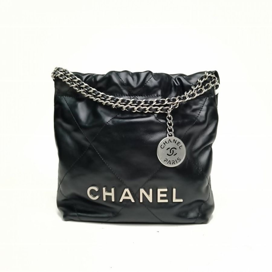 CHANEL 22BagTote托特包Mini黑色牛皮晶片銀扣肩背包-0