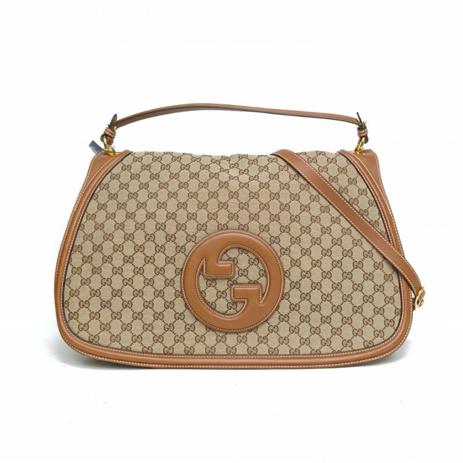 GUCCI 棕色帆布金扣Blondie雙G老花手提斜挎大包肩背包-0