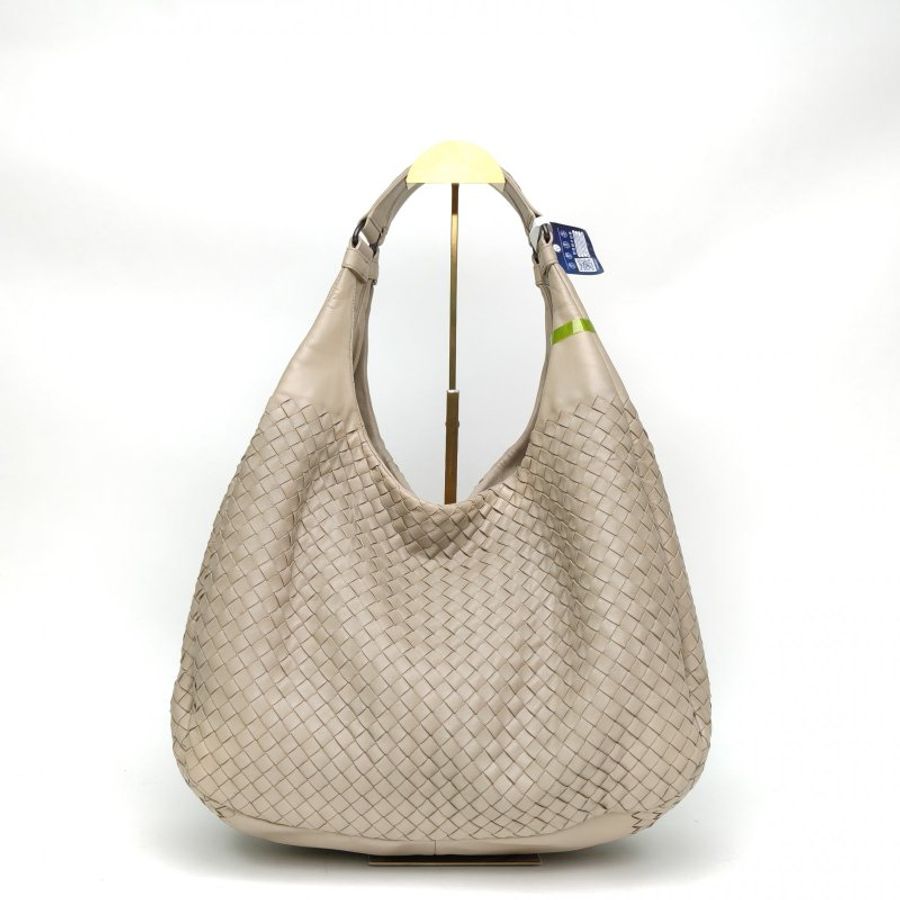 BOTTEGA VENETA 淺灰色羊皮黑扣雙橋編織托特包肩背包-0