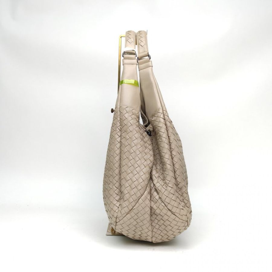 BOTTEGA VENETA 淺灰色羊皮黑扣雙橋編織托特包肩背包-2