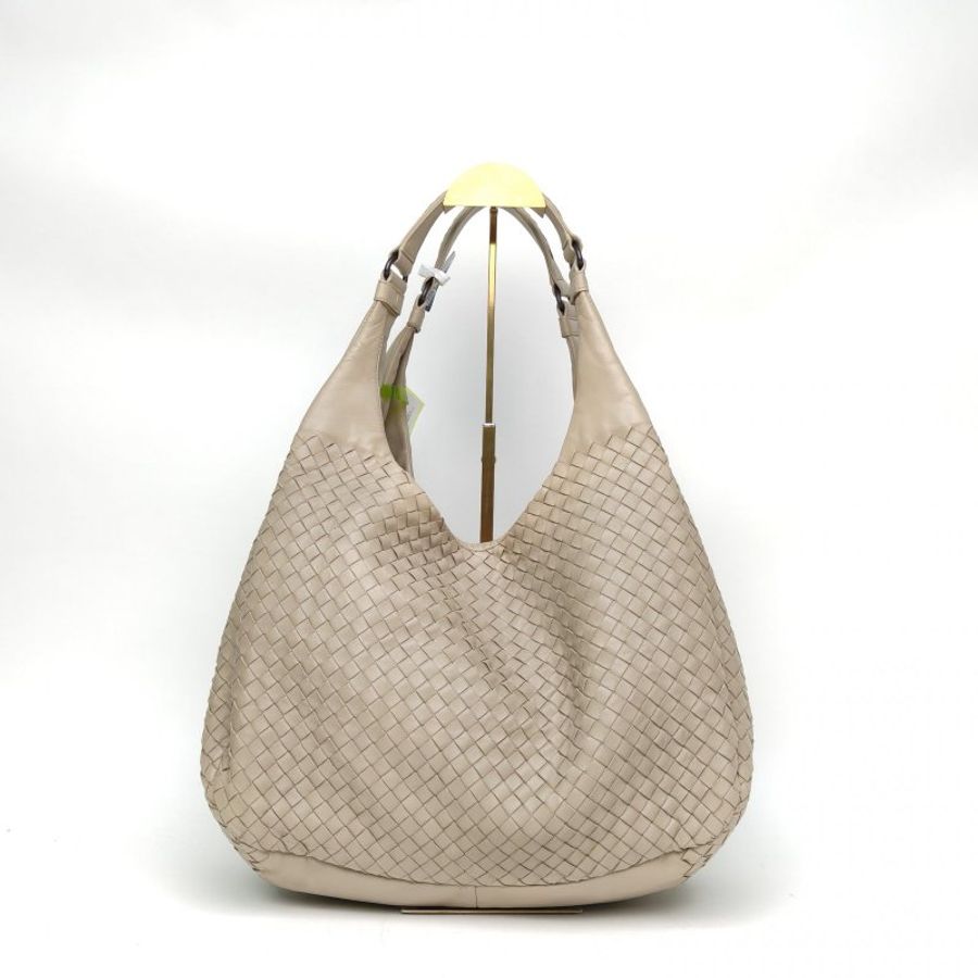 BOTTEGA VENETA 淺灰色羊皮黑扣雙橋編織托特包肩背包-3