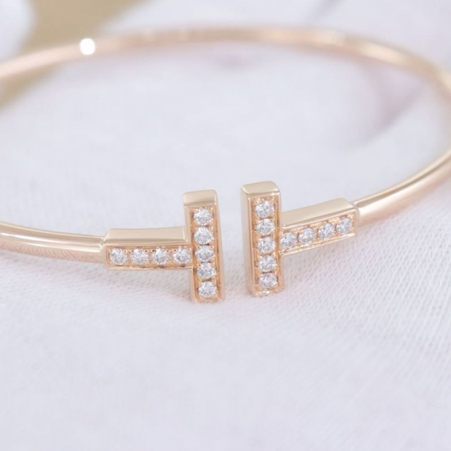 特價出 Tiffany蒂芙尼T系列线圈手镯，18K玫瑰金镶钻，内径5.5cm（平时戴15,16都可用）配件盒子-3