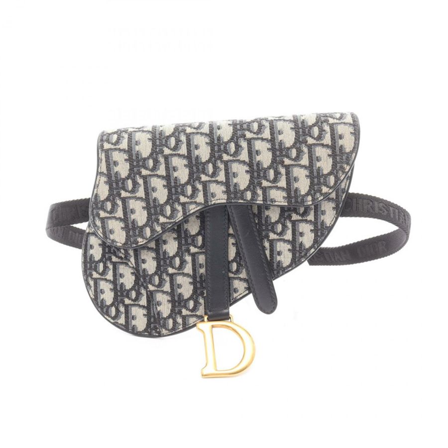 Dior SADDLE Oblique 腰包 帆布皮革 米色 海軍藍 二手 女士-0