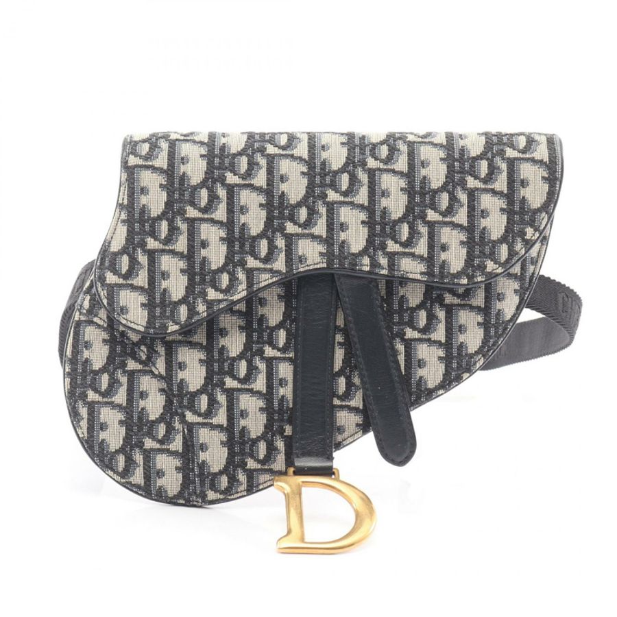 Dior 馬鞍形平腰帶斜紋提花帆布皮革腰包 米色 海軍藍 二手-0