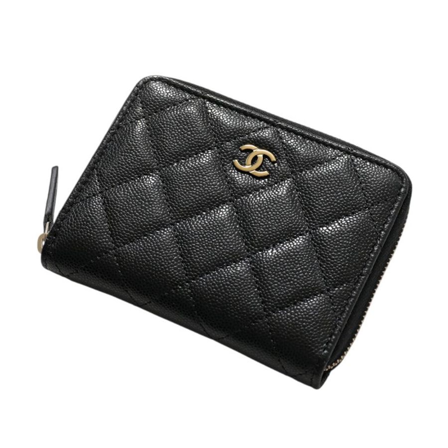 【CHANEL 香奈兒】CC logo 荔枝皮革 拉鍊 對開 皮夾 卡夾 短夾 錢包 黑色 金扣 AP4652-0
