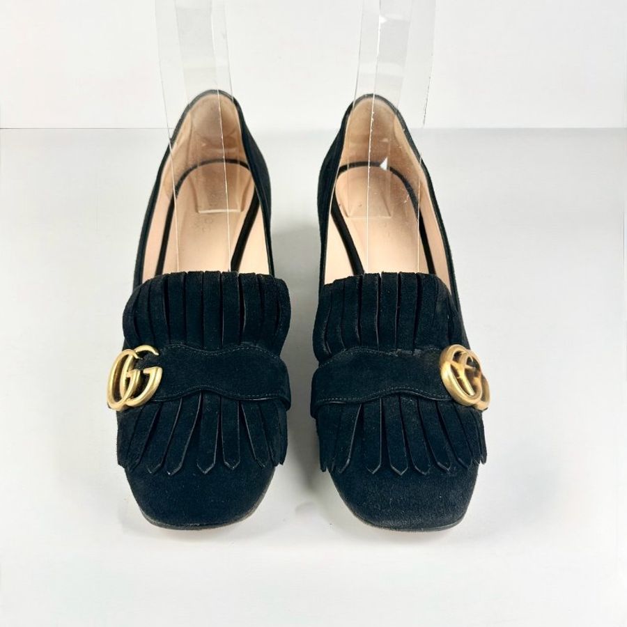 Gucci 黑色 麂皮 流蘇 金色GG 學院風 樂福鞋 6CM 中跟鞋 38號-1