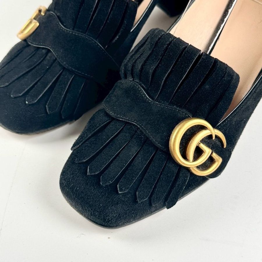 Gucci 黑色 麂皮 流蘇 金色GG 學院風 樂福鞋 6CM 中跟鞋 38號-5