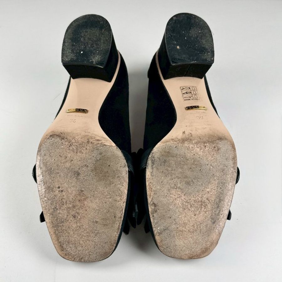 Gucci 黑色 麂皮 流蘇 金色GG 學院風 樂福鞋 6CM 中跟鞋 38號-6
