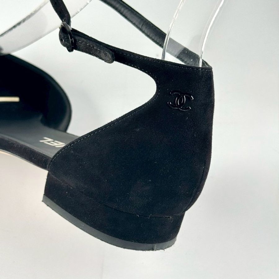 CHANEL 黑色 方頭 布面 麂皮 拼接 細帶 平底鞋 包鞋 低跟鞋 38.5號-6