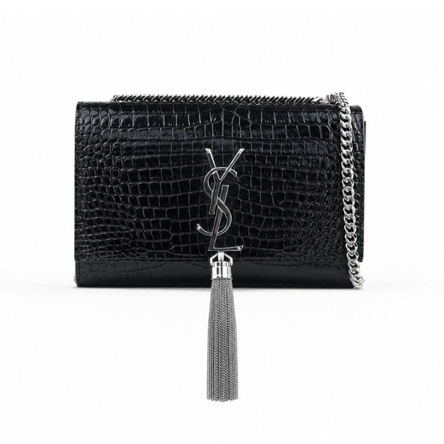 🖤 鑒定師的收藏 🖤 YSL Kate Small 鱷魚壓紋銀字流蘇鍊帶包 Saint Laurent Kate 牛皮鱷魚壓紋銀鍊流蘇包｜YSL 經典晚宴包・法式搖滾魅力-1
