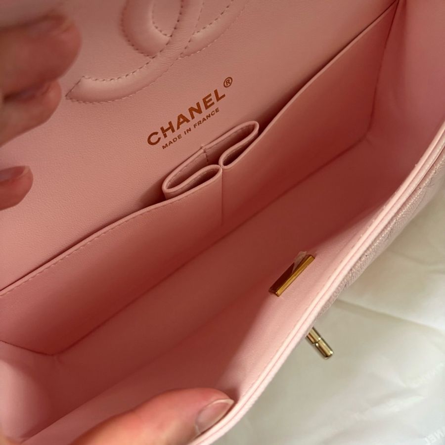 🆕Chanel香奈兒 櫻花粉22s中號荔枝皮cf單肩包斜挎包-7