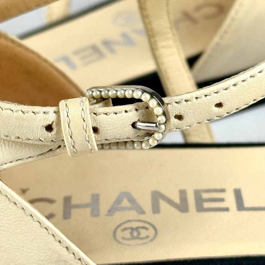 CHANEL 黑色 尖頭 珍珠 細帶 平底鞋 包鞋 低跟鞋 39號-8