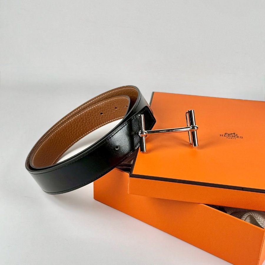 HERMES 銀色H扣 黑色 棕色 雙面 雙色 3.2CM 腰帶 牛皮 皮帶 80CM-2