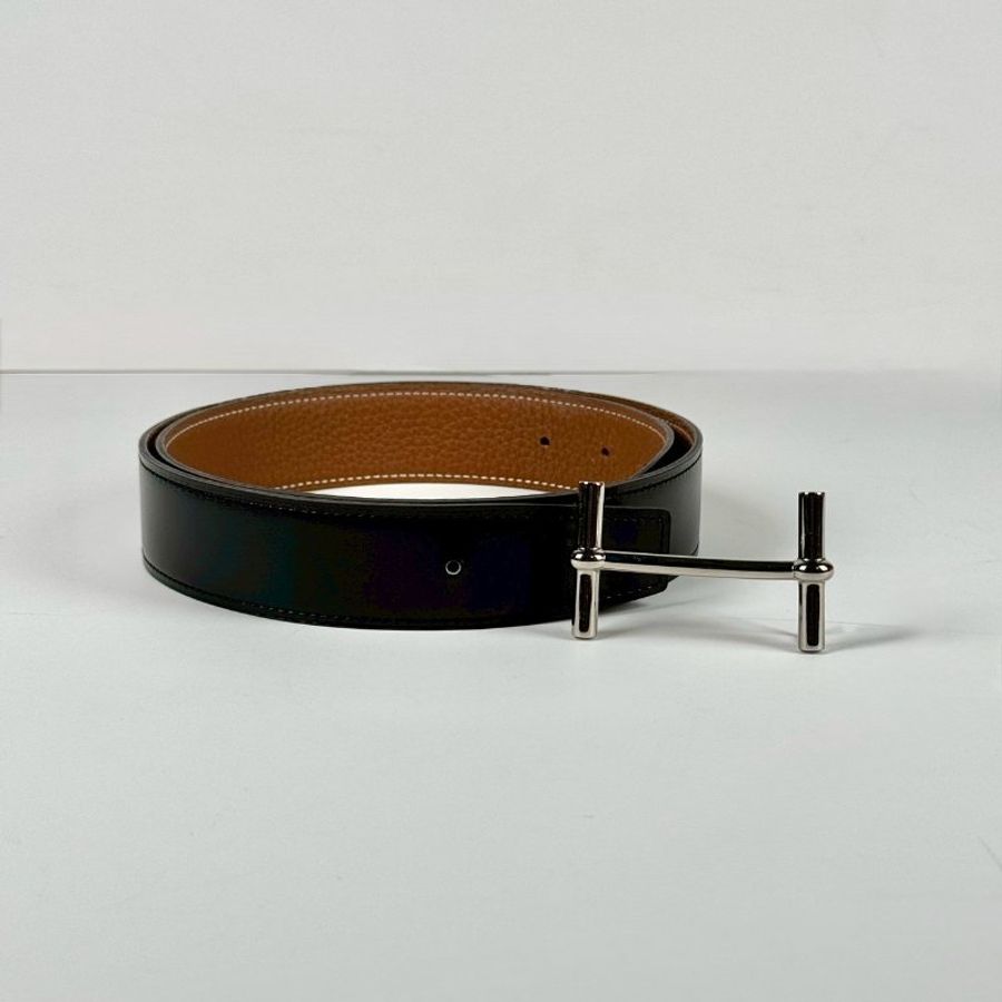 HERMES 銀色H扣 黑色 棕色 雙面 雙色 3.2CM 腰帶 牛皮 皮帶 80CM-3